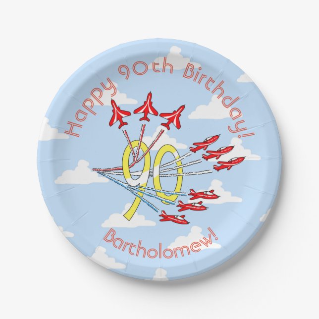 Red Jet Planes 90th Blue Sky Paper Plates (Front)