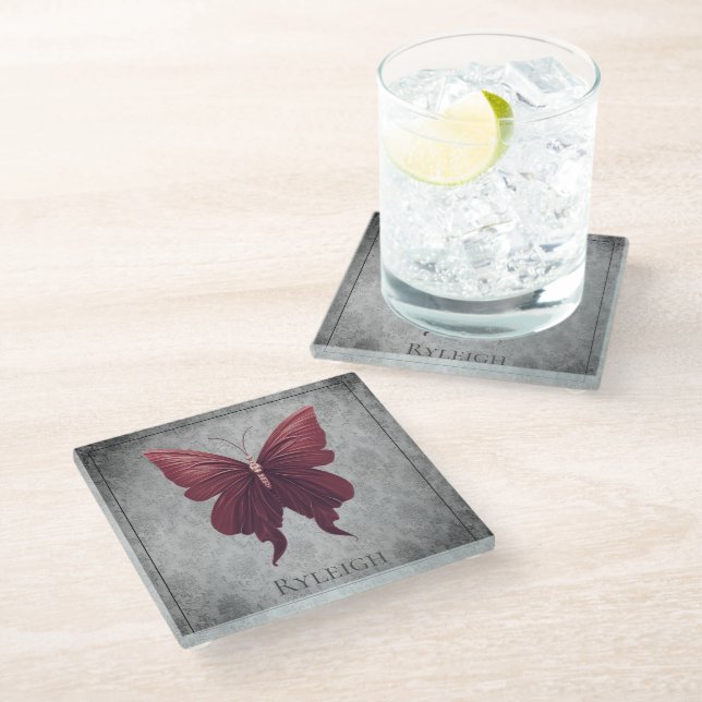 Red Jewelled Butterfly Glass Coaster (Angled)