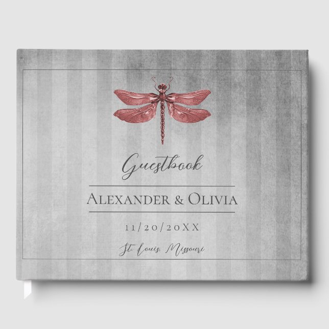 Red Jewelled Dragonfly Wedding Guest Book (Front)