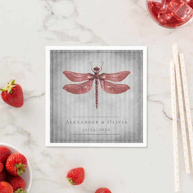 Red Jewelled Dragonfly Wedding Napkin (Insitu)