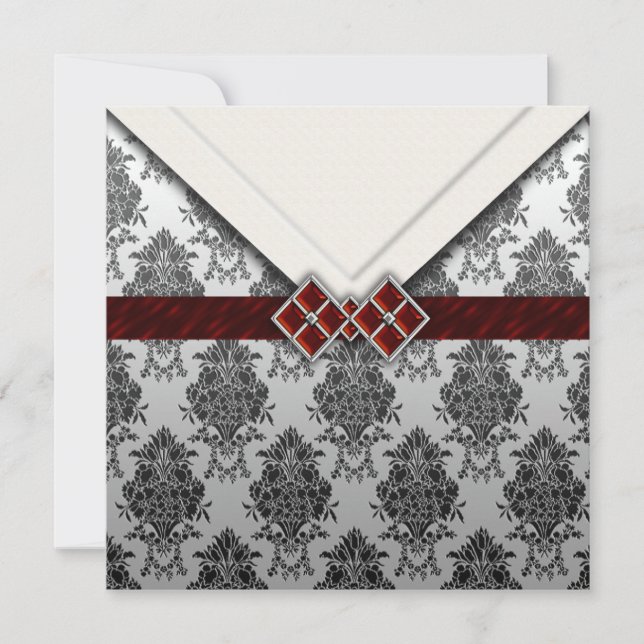 Red Jewelled Look Goth Damask Invitation (Front)