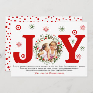 Red Joy and Christmas floral wreath photo Holiday Card