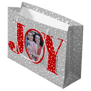 Red JOY and snowflakes two photo Christmas Large Gift Bag