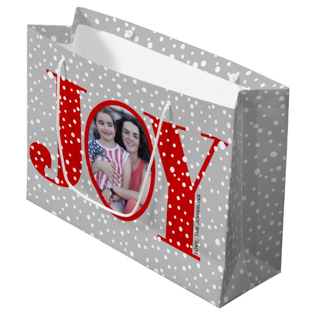 Red JOY and snowflakes two photo Christmas Large Gift Bag (Front Angled)