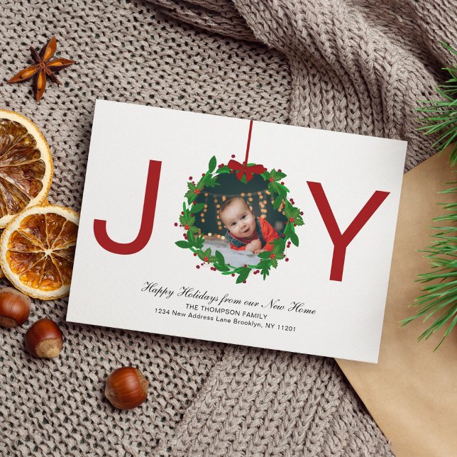 Red Joy Christmas Botanical Wreath Photo Moving Holiday Card (Creator Uploaded)
