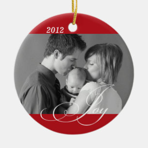 Red JOY custom photo holiday sentiment keepsake Ceramic Tree Decoration