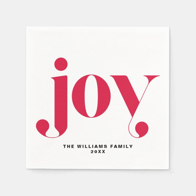 Red Joy Modern Typography Personalised Holiday Napkin (Front)