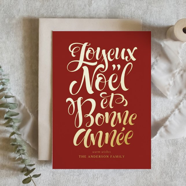 Red Joyeux Noël et Bonne Année Calligraphy Foil Holiday Card (Creator Uploaded)
