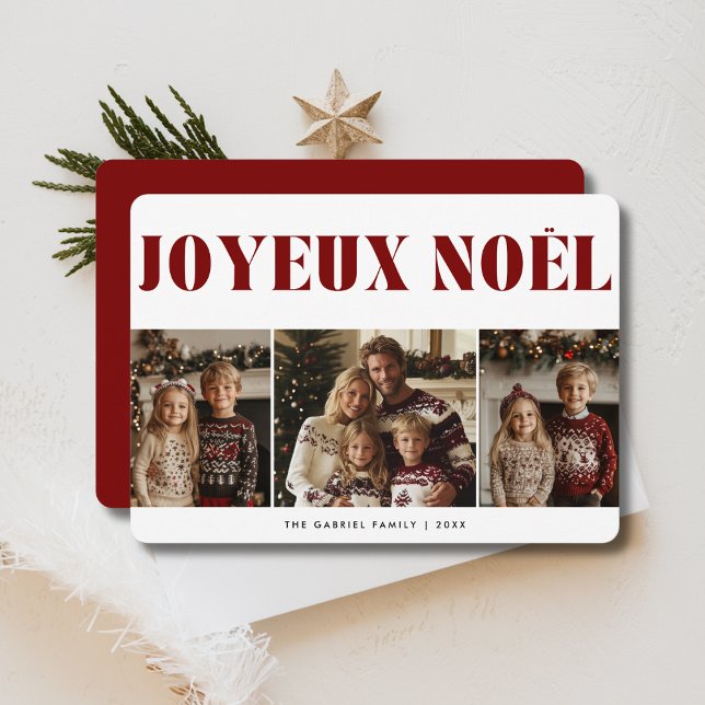 Red Joyeux Noël French Christmas 3 Photo Kids Holiday Card (Creator Uploaded)