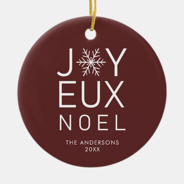 Red Joyeux Noel Modern Typography Holiday Ceramic Tree Decoration (Front)