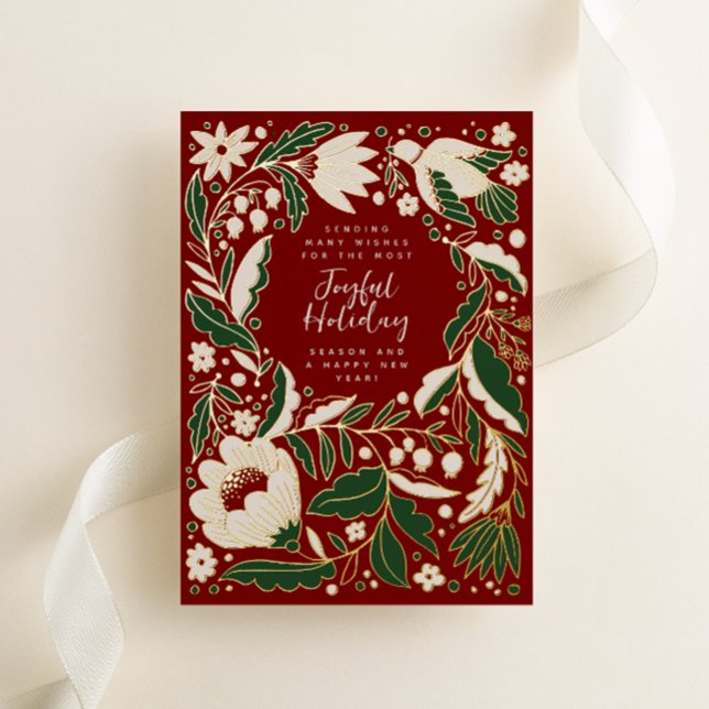 Red Joyful Holiday Folk Illustration (Folk art style flowers, vines and a peace dove shine on this red, festive non-photo Christmas card)