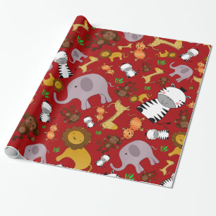 Red jungle safari animals wrapping paper