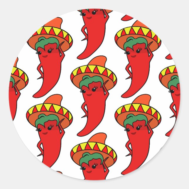 Red Kawaii Pepper Mexican Sombrero  Classic Round Sticker (Front)