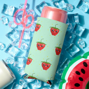 Red kawaii strawberry fruit on blue seltzer can cooler