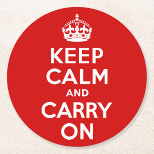 Red Keep Calm and Carry On Round Paper Coaster