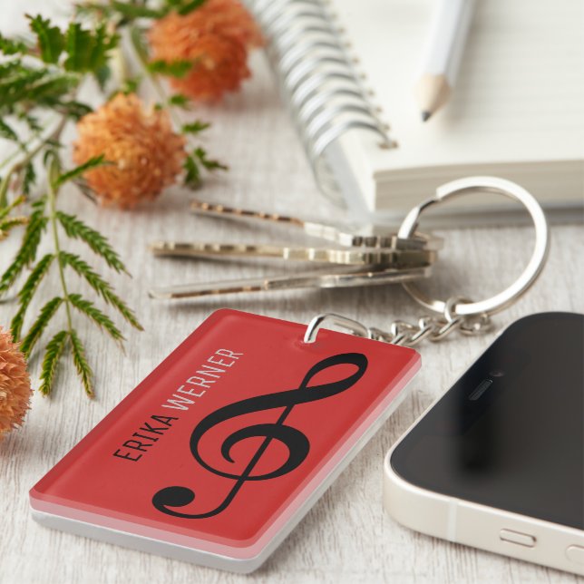 Red Keychain with Treble Clef and Name  (Front Right)