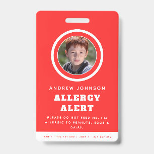 Red Kid Student Photo Food Allergy Alert Emergency ID Badge
