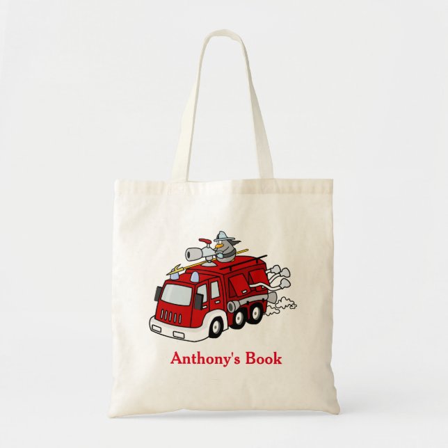 Red Kids Personalised Name Fire Engine Tote Bag (Front)