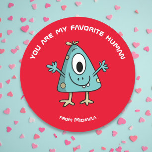 Red Kids Valentine's Day Monster Alien Classic Round Sticker
