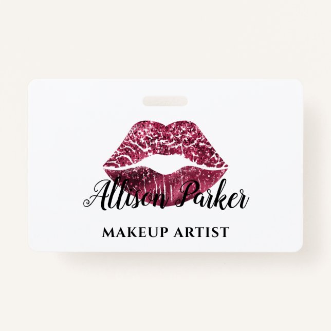 Red Kiss Lips Glitter Makeup Artist Business ID Badge (Front)