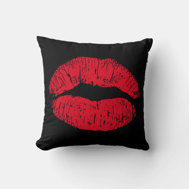 Red Kissing Lips on Black Cushion (Front)