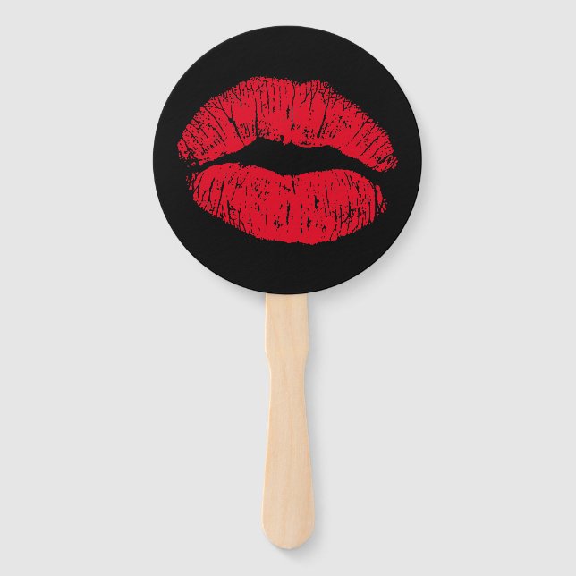 Red Kissing Lips on Black Hand Fan (Front)