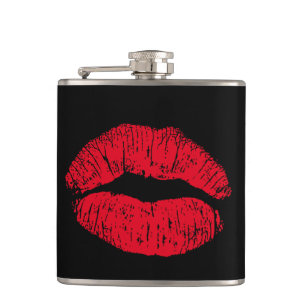 Red Kissing Lips on Black Hip Flask