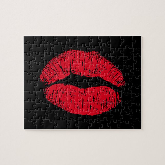 Red Kissing Lips on Black Jigsaw Puzzle (Horizontal)