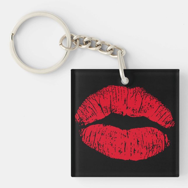 Red Kissing Lips on Black Key Ring (Front)