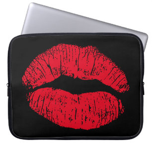 Red Kissing Lips on Black Laptop Sleeve