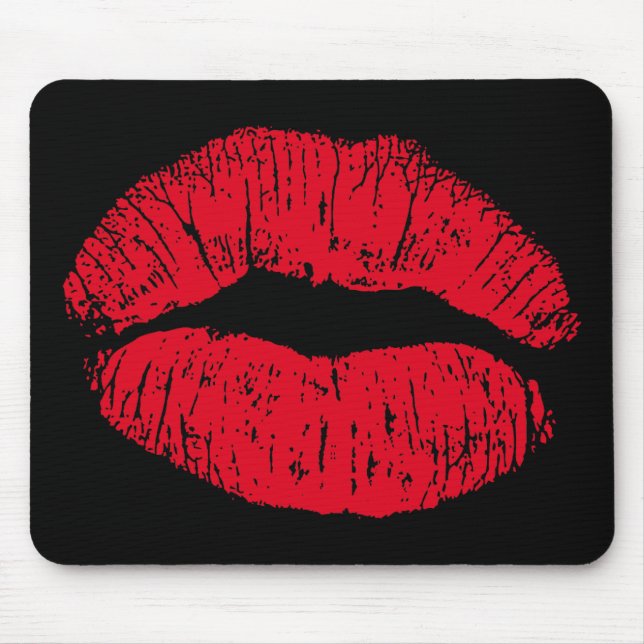 Red Kissing Lips on Black Mouse Pad (Front)