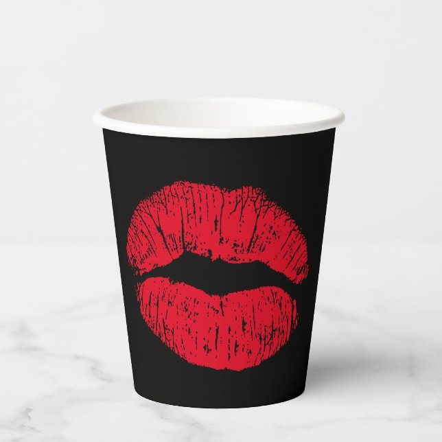 Red Kissing Lips on Black Paper Cups (Front)