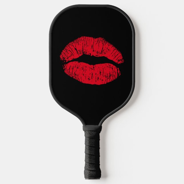 Red Kissing Lips on Black Pickleball Paddle (Front)