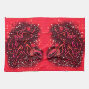 Red Kitchen Towel Bulls Running At Starry Night