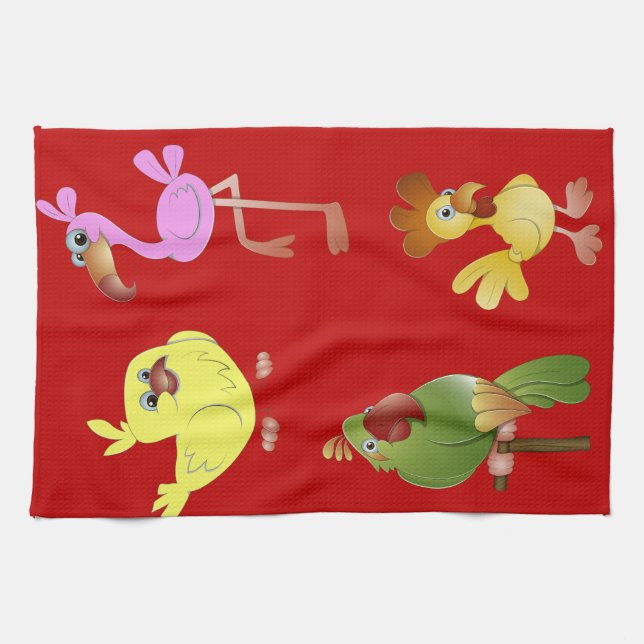 Red Kitchen Towel With Animals Pink Flamingo Chick (Horizontal)