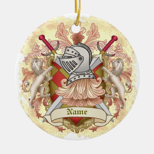 Red Knight Family Crest Surname Ceramic Tree Decoration (Front)