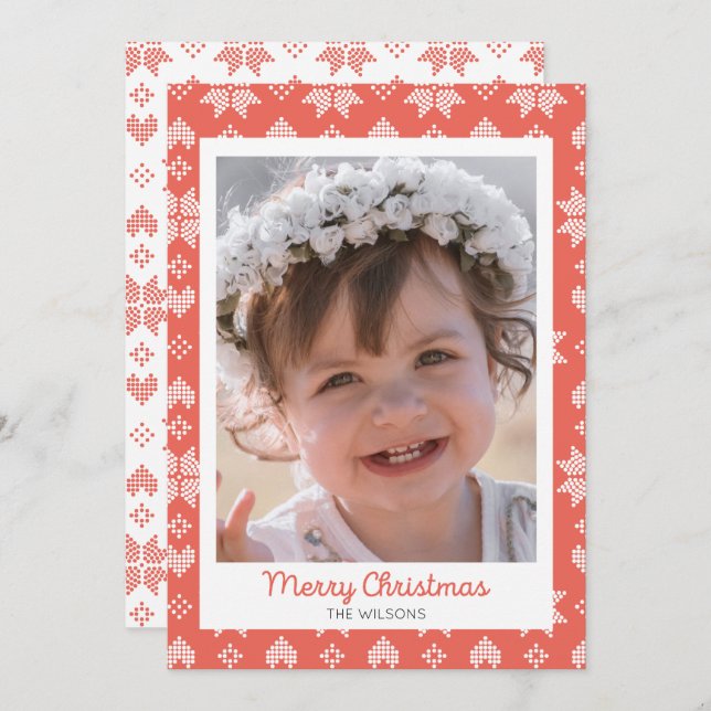 Red Knitted Sweater Pattern Photo Christmas Card (Front/Back)