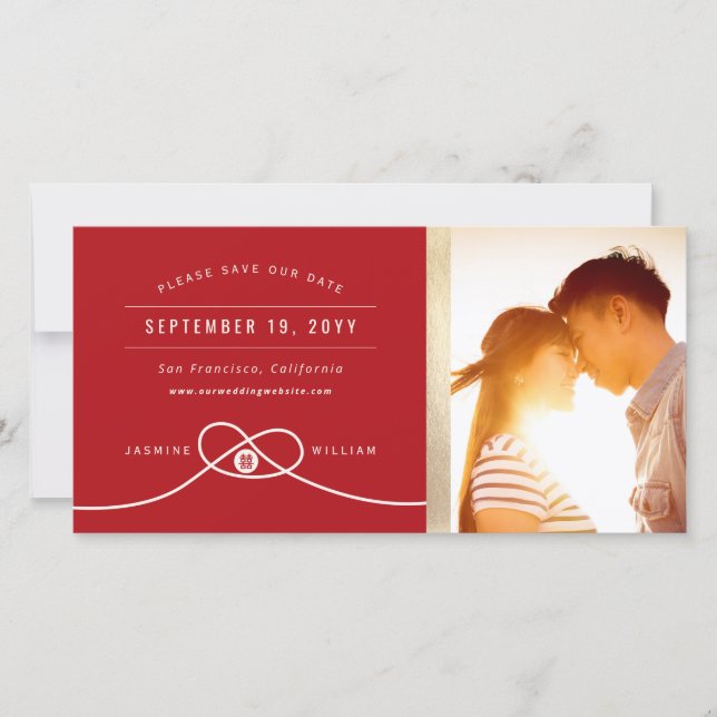 Red Knot Double Happiness Chinese Wedding Photo Save The Date (Front)