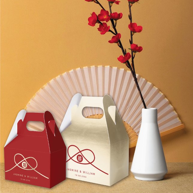 Red Knot Union Double Happiness Chinese Wedding Favour Box (Red/Gold Knot Union Double Happiness Minimalist Chinese Wedding Party Favor Boxes @ fatfatin_red_box)