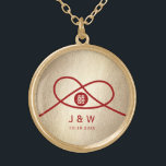 Red Knot Union Double Happiness Chinese Wedding Gold Plated Necklace<br><div class="desc">Modern minimalist double happiness knot of union, love and marriage in red and gold. The double happiness is a classic and auspicious symbol used in all chinese, oriental and asian weddings. Designed by fat*fa*tin. Easy to customise with your own text, photo or image. For custom requests, please contact fat*fa*tin directly....</div>