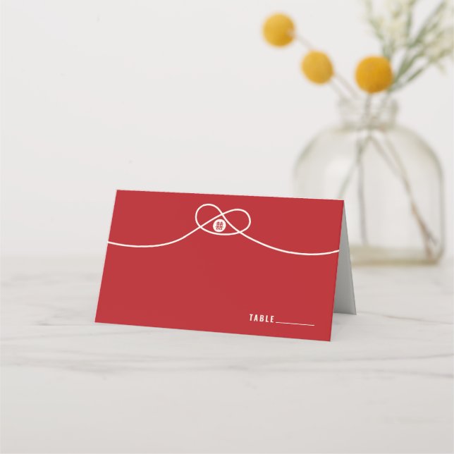 Red Knot Union Double Happiness Chinese Wedding Place Card (Front)