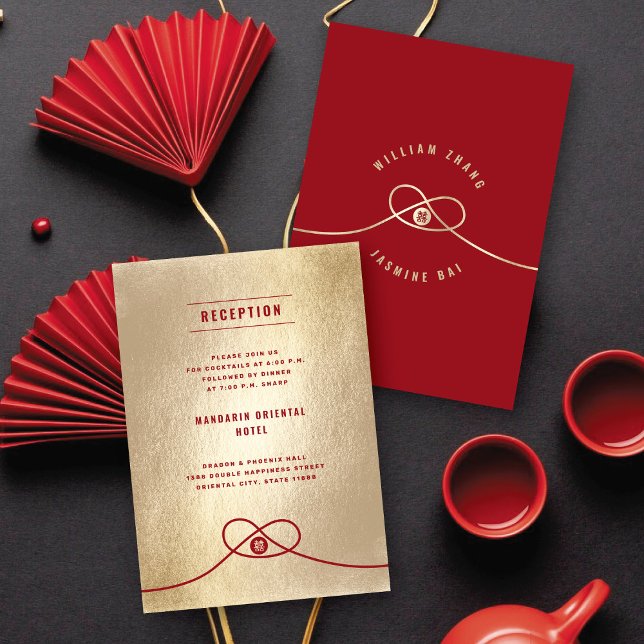 Red Knot Union Double Xi Chinese Wedding Reception Invitation (Gold/Red Knot Union Double Happiness Modern Chinese Wedding Reception Invitation @ fatfatin_red_knot)