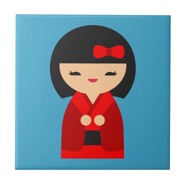 Red Kokeshi Japanese dolls Tile (Front)
