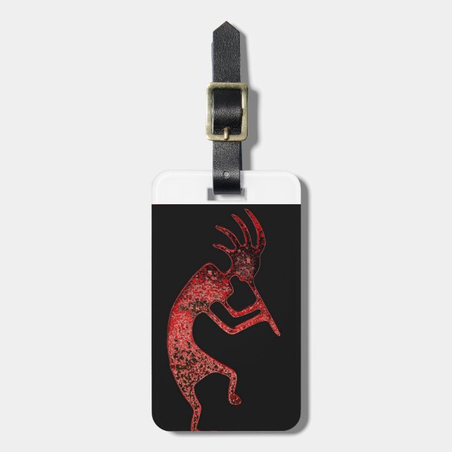 red kokopelli on black background luggage tag (Front Vertical)