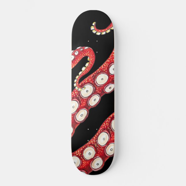 Red Kraken Octopus Tentacles Black Skateboard (Front)