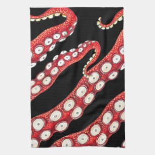 Red Kraken Octopus Tentacles Black Tea Towel