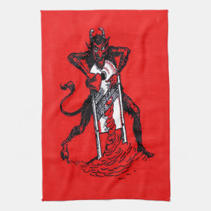 Red Krampus Slicing Heart Heartbreaker Tea Towel
