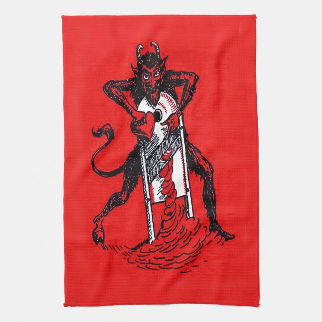 Red Krampus Slicing Heart Heartbreaker Tea Towel (Vertical)