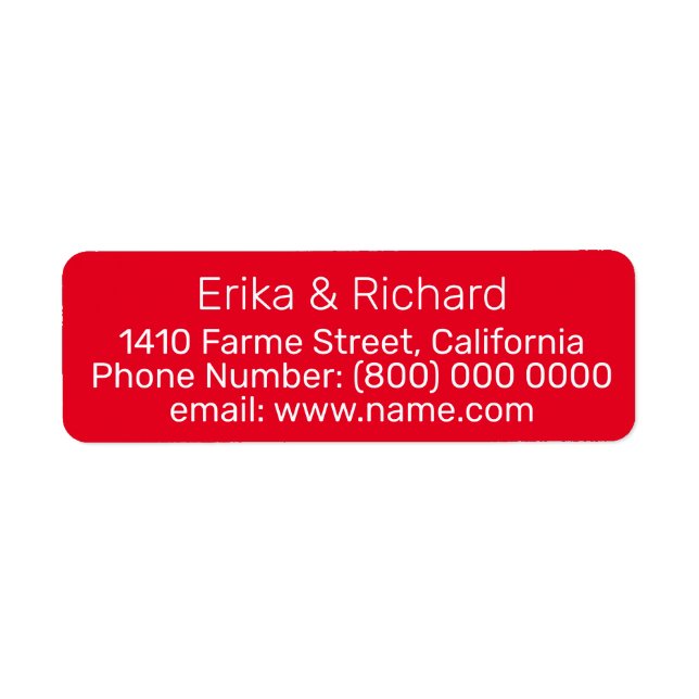 Red label with our names and address information (Front)