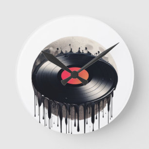 Red Labeled Vinyl Record Dissolving on the Moon  Round Clock